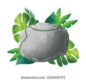 Stone plate with cracked and green jungle leaves, vector illustration isolated on white background. A drawn flat board with foliage. Gray textured game element in cartoon style, game and ui design.