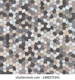 Stone plate paving seamless pattern. Abstract geometric colorful hexagon shapes ornament vector texture. Camel beige, light, dark gray, silver, white gradient mosaic tracery on black background.