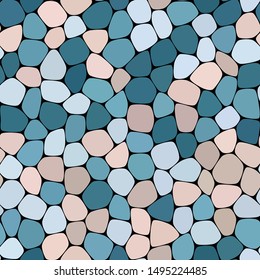 Stone plate paving seamless pattern. Abstract geometric colorful rounded hexagon shapes ornament vector texture. Sky blue, azure, ivory white, camel beige gradient mosaic tracery on black background.