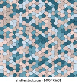 Stone plate paving seamless pattern. Abstract geometric colorful hexagon shapes ornament vector texture. Sky blue, azure, ivory white, camel beige gradient mosaic tracery on black background.