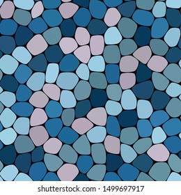 Stone plate paving seamless pattern. Abstract geometric colorful rounded hexagon shapes ornament vector texture. Azure sky gray dusty blue, lilac lavender gradient mosaic tracery on black background.