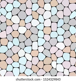 Stone plate paving seamless pattern. Abstract geometric colorful hexagon shapes ornament vector texture. sky blue, ivory white, silver gray, misty rose, beige mosaic tracery on black background.