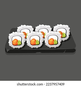 Stone plate with set of sushi rolls with rice, nori and salmon with cucumber. Asian food cartoon
