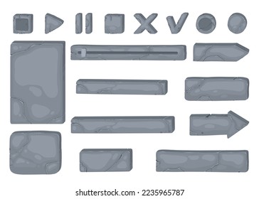 Stone plates, boards, banners for games. GUI design elements set. Rock, metal panels, buttons, keys, frames, arrows, objects for navigation. Flat vector illustration isolated on white background.