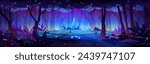 Stone platform with ancient runes and neon glowing elements in fantasy forest with luminous plants and fireflies, trees and bushes at night under moonlight. Cartoon fantastic portal or wizard place.