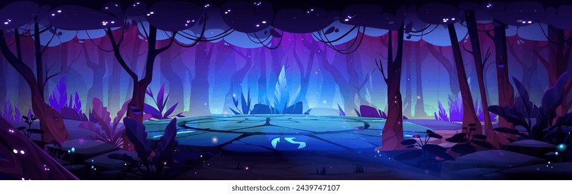 Stone platform with ancient runes and neon glowing elements in fantasy forest with luminous plants and fireflies, trees and bushes at night under moonlight. Cartoon fantastic portal or wizard place.