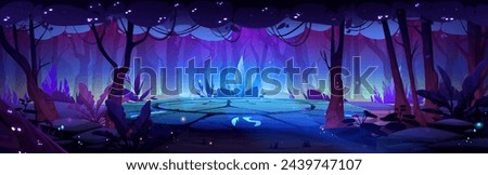 Stone platform with ancient runes and neon glowing elements in fantasy forest with luminous plants and fireflies, trees and bushes at night under moonlight. Cartoon fantastic portal or wizard place.