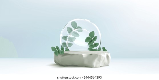 Stone platform with eucalyptus branch, glassmorphism decoration on white background. Vector realistic illustration of abstract marble stage for organic product presentation, exhibition display mockup