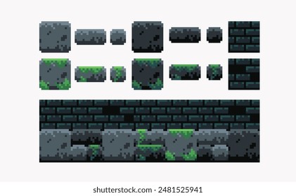 Piedra plataforma pixel art set. Paredes de ladrillo y colección en el suelo. Azulejos cuadrados 8 bits. Desarrollo de juegos, App móvil. Ilustración vectorial aislada. 