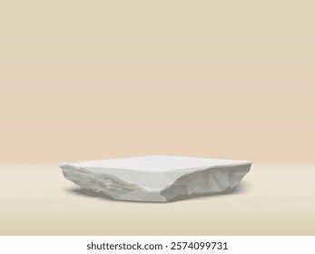 Stone podium background. Marble base white rock platform, empty podium stage cosmetic product display showroom mockup realistic standing dais minimal background vector illustration original artwork