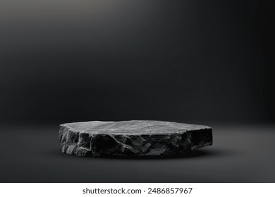 Stone podium background. Rock stand product display. Natural black marble pedestal on dark wall for product placement. Modern minimal cosmetic design. Fashion beauty realistic vector illustration.