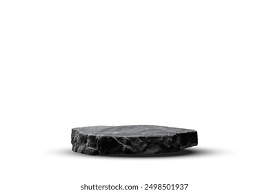 Stone podium background. Rock stand product display. Natural black marble pedestal on white wall for product placement. Modern minimal cosmetic design. Fashion beauty realistic vector illustration.