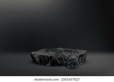 Stone podium background. Rock stand product display. Natural black marble pedestal on dark wall for product placement. Modern minimal cosmetic design. Fashion beauty realistic vector illustration.