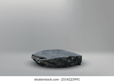 Stone podium background. Rock stand product display. Natural black marble pedestal on gray wall for product placement. Modern minimal cosmetic design. Fashion beauty realistic vector illustration