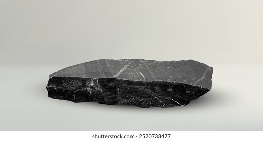 Stone podium background. Rock stand product display. Natural black marble pedestal on gray wall for product placement. Modern minimal cosmetic design. Fashion beauty realistic vector illustration.