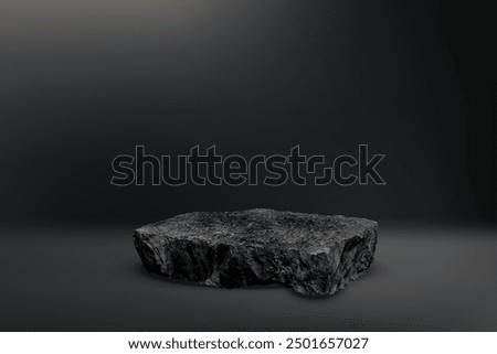 Stone podium background. Rock stand product display. Natural black marble pedestal on dark wall for product placement. Modern minimal cosmetic design. Fashion beauty realistic vector illustration.