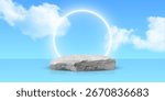 Stone podium with glowing light ring on sky background. Rock platform for product display or presentation scene with clouds and blue sky. Minimalistic natural pedestal. Abstract vector illustration.