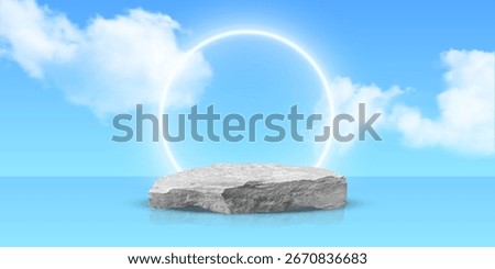 Stone podium with glowing light ring on sky background. Rock platform for product display or presentation scene with clouds and blue sky. Minimalistic natural pedestal. Abstract vector illustration.