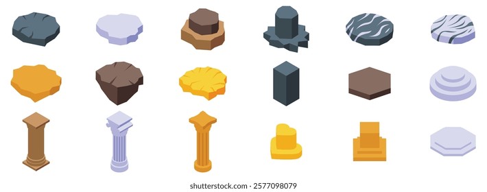  Stone podium icons set. Isometric set of various museum exhibit pedestals and columns, displaying artifacts and treasures