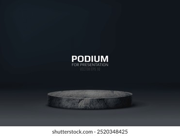 Pódio de pedra sobre fundo escuro. Pedestal de mármore vazio para apresentação do produto. Conceito de plataforma minimalista com textura de pedra. Ilustração vetorial.