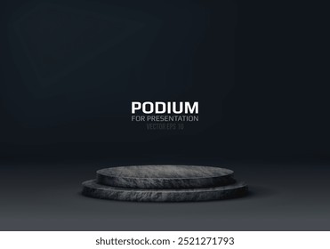 Stone podium on dark background. Empty marble pedestal for product presentation. Minimalist platform concept with stone texture. Vector illustration.