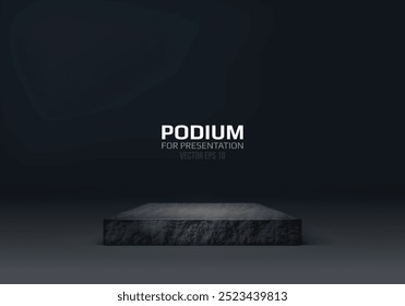 Steinpodium auf dunklem Hintergrund. Leerer Marmorsockel für die Produktpräsentation. Minimalistisches Plattformkonzept mit Steinstruktur. Vektorgrafik.