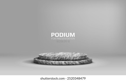Stone podium on light background. Empty marble pedestal for product presentation. Minimalist platform concept with stone texture. Vector illustration.