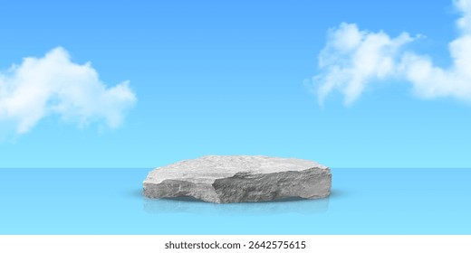 Stone podium on sky background. Rock platform for product display or presentation scene with clouds and blue sky. Minimalistic natural pedestal. Abstract vector illustration