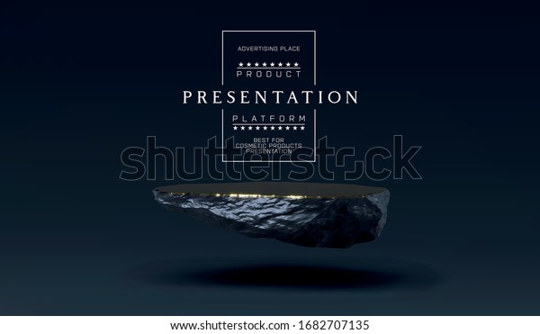 Stone podium for product presentation display.\
Marble black and gold Pedestal, Product Stand. Blank for mockup\
design. Minimalistic object placement, cosmetic product stone plate\
platform