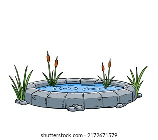 Stone pond. City landmark and decoration. Water tank and small lake. Outline cartoon. Reeds and sedge.