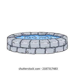 Stone Pond. City Landmark And Decoration. Water Tank And Small Lake. Outline Cartoon