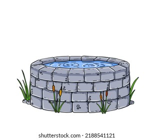 Stone Pond. City Landmark And Decoration. Water Tank And Small Lake. Outline Cartoon. Reeds And Sedge.