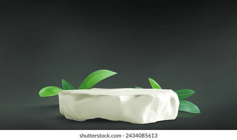 Stone product podium with green plant leaf in studio room with floor and wall. Realistic vector illustration of empty natural eco goods display platform mockup. Minimal showcase composition template.