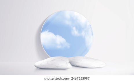 Stone product podium mockup with circle shape with clouds on blue sky. Natural goods display marble platform in white studio room. Realistic 3d vector illustration of minimal scene with stand template