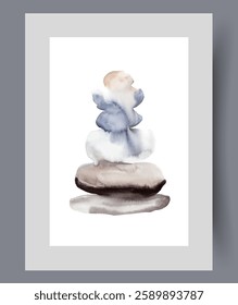 Stone pyramid made of pebbles of different sizes symbolizing calm and achieving harmony on print. Watercolor poster. Artwork with stone pyramid built on beach, in frame with decor for wall art