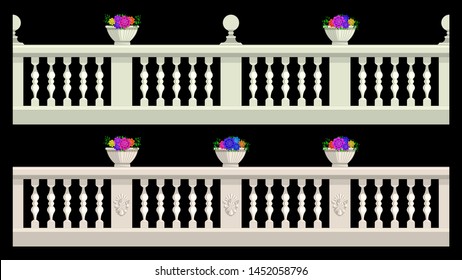 Stone railing, balustrade with flower pots and patterned stucco isolated on a black background. Vector, illustration.