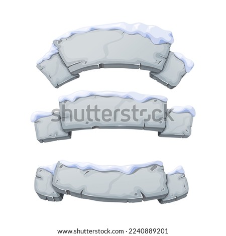 Stone ribbon in snow set. Broken cartoon rocks and snowdrifts. Cartoon crags and snowdrifts. Ice age.