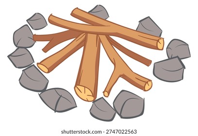 Stone ring for campfire. Woodpile stack cartoon icon