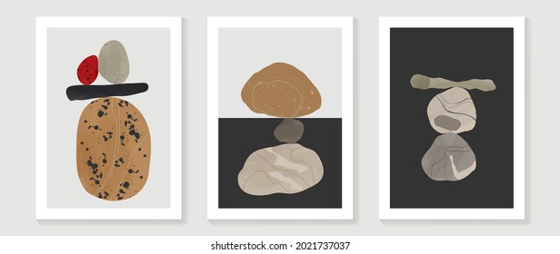 Stone and rock abstract art background vector. Minimal hand painted watercolor and line art illustration.  Design for wall decoration, wall arts, cover, postcards, brochure. 