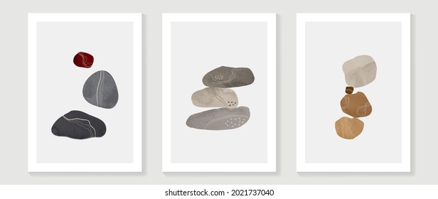 Stone and rock abstract art background vector. Minimal hand painted watercolor and line art illustration.  Design for wall decoration, wall arts, cover, postcards, brochure. 