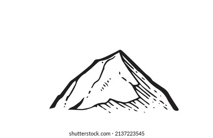 Stone rock from afar. A piece of cliff. In the style of contour engraving. Outline sketch. Hand drawing is isolated on a white background. Vector.
