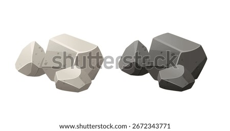 Stone rock collection in different gray shades and tones. Light and dark variations with polygonal faceted surfaces. Various sizes geometric boulder set for game design projects. Vector illustration.