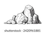 Stone Rock Gravel Collection Monochrome Set. Different Stone, Gravel And Pebble. Natural Rocky Slate Lump Engraving Template Hand Drawn In Retro Style Black And White Illustrations. Vector. 