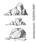 Stone Rock Gravel Collection Monochrome Set. Different Stone, Gravel And Pebble. Natural Rocky Slate Lump Engraving Template Hand Drawn In Retro Style Black And White Illustrations. Vector. 