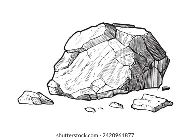 Stone Rock Gravel Collection Monochrome Set. Different Stone, Gravel And Pebble. Natural Rocky Slate Lump Engraving Template Hand Drawn In Retro Style Black And White Illustrations. Vector. 