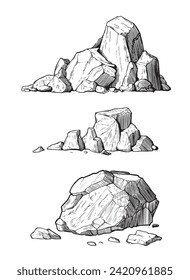 Stone Rock Gravel Collection Monochrome Set. Different Stone, Gravel And Pebble. Natural Rocky Slate Lump Engraving Template Hand Drawn In Retro Style Black And White Illustrations. Vector. 