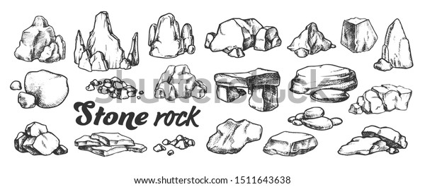 石岩砂利コレクション白黒セットベクター画像 石 砂利 礫が違う レトロ調の白黒のイラストで描かれた天然の岩石 石の塊彫りテンプレート手描きのもの のベクター画像素材 ロイヤリティフリー