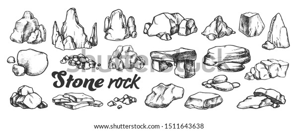 石岩砂利コレクション白黒セットベクター画像 石 砂利 礫が違う レトロ調の白黒のイラストで描かれた天然の岩石石の塊彫りテンプレート手描きのもの のベクター画像素材 ロイヤリティフリー