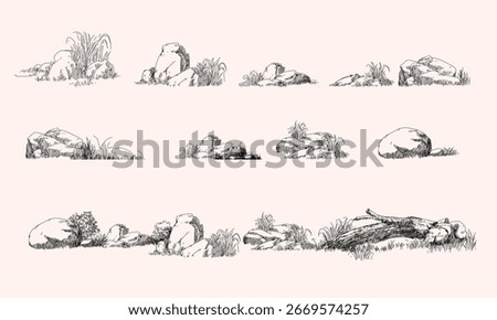 Stone, rock hand drawing nature element isolated on white background. Natural rocky slate lump engraving hand drawn in retro style.