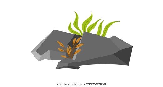 Stone rock and plant bushes shrub vector illustration collection set for game asset green graphic element. Rock stone illustration template collection set for forest or park illustration element.